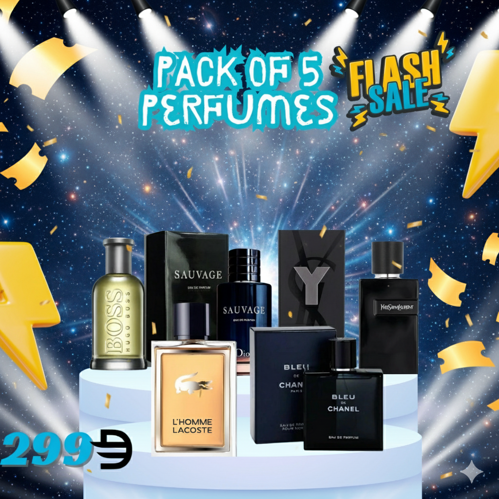 Pack of 5 For Men (Blue Chanel + Amouage Interlude + Lacoste L'Homme + Hugo Boss + Sauvage)