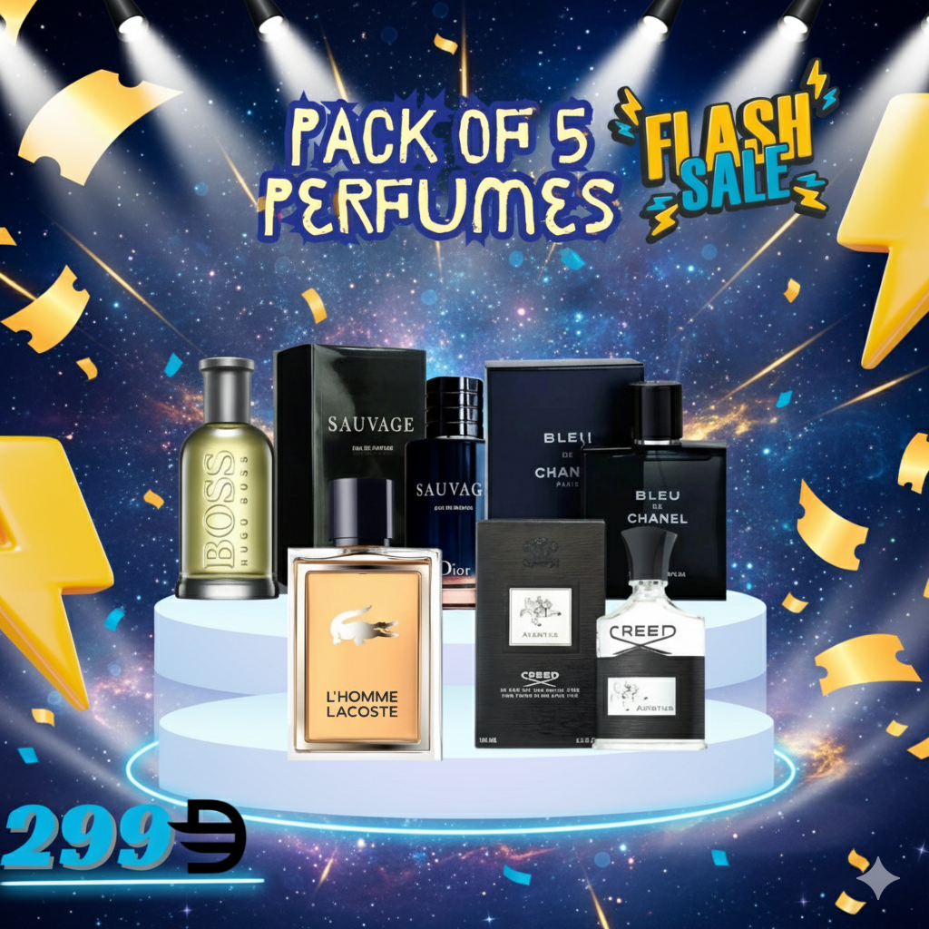 Pack of 5 For Men (Sauvage + Blue Chanel + Lacoste L'Homme + Hugo Boss + Creed)